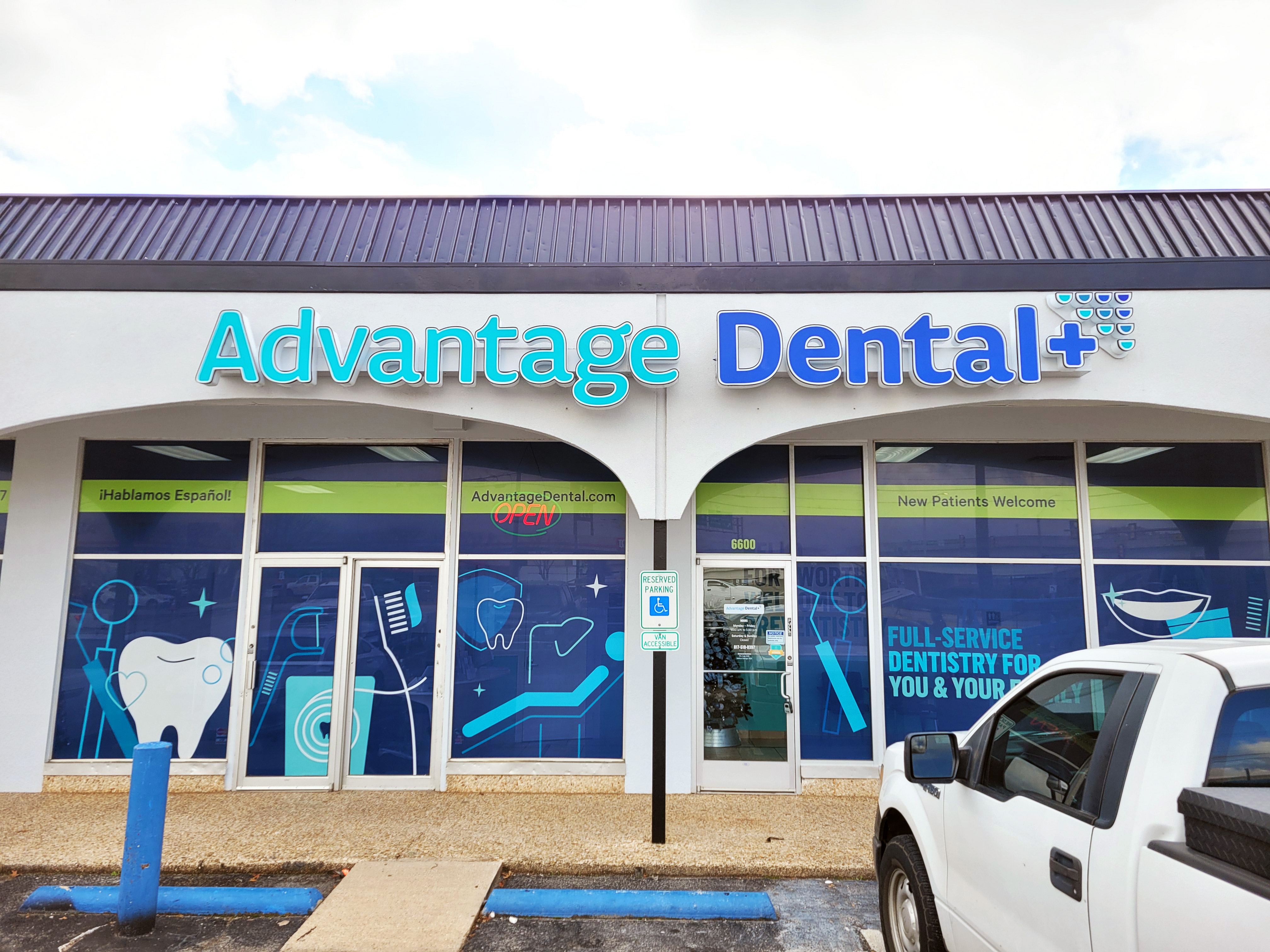 Storefront of Advantage Dental+ in Fort Worth.