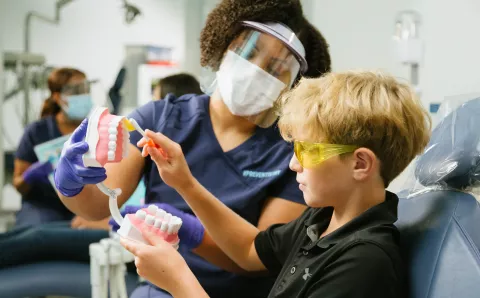 A dental hygienist teaching a child about teeth.